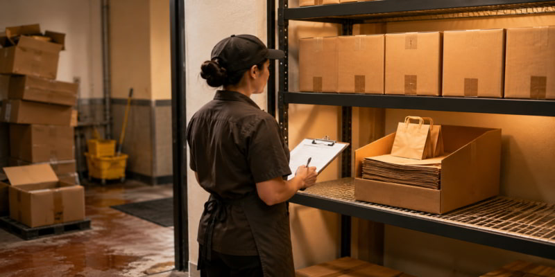 Worker checks paper bag storage on stockroom shelves beside organized cartons in a back-of-house storeroom.