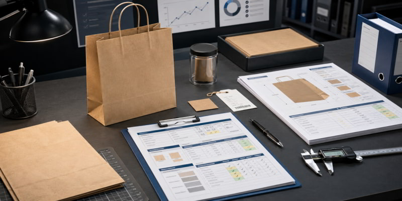 Paper bag quality control desk with kraft bag sample, specification sheets, swatches, and measuring tools.