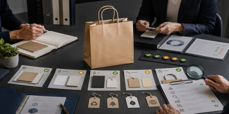 Paper bag sustainability claim review desk with component cards, evidence documents, and approval indicators.