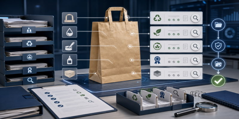 Paper bag sustainability evidence desk with component callouts, document cards, and verified claim workflow.