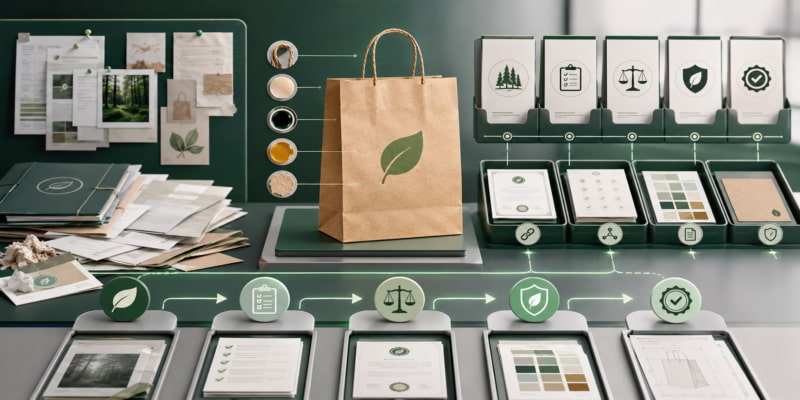 Paper bag on a review desk with evidence trays and icons for sustainability, legal, brand, and QA checks.