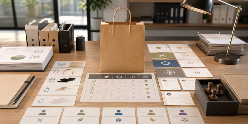 Kraft paper bag on a compliance review desk surrounded by sustainability claim checklists, sample cards, and documents.