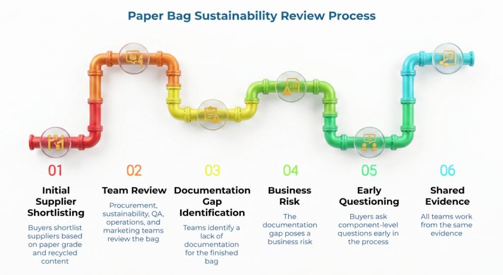 “Paper Bag Sustainability Review Process” showing a six-step pipe workflow: supplier shortlisting, team review, documentation gap identification, business risk, early questioning, and shared evidence for evaluating recycled-content paper bag claims.