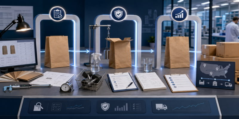 Three-gate paper bag approval desk showing specification review, testing, and rollout workflow in a modern lab.