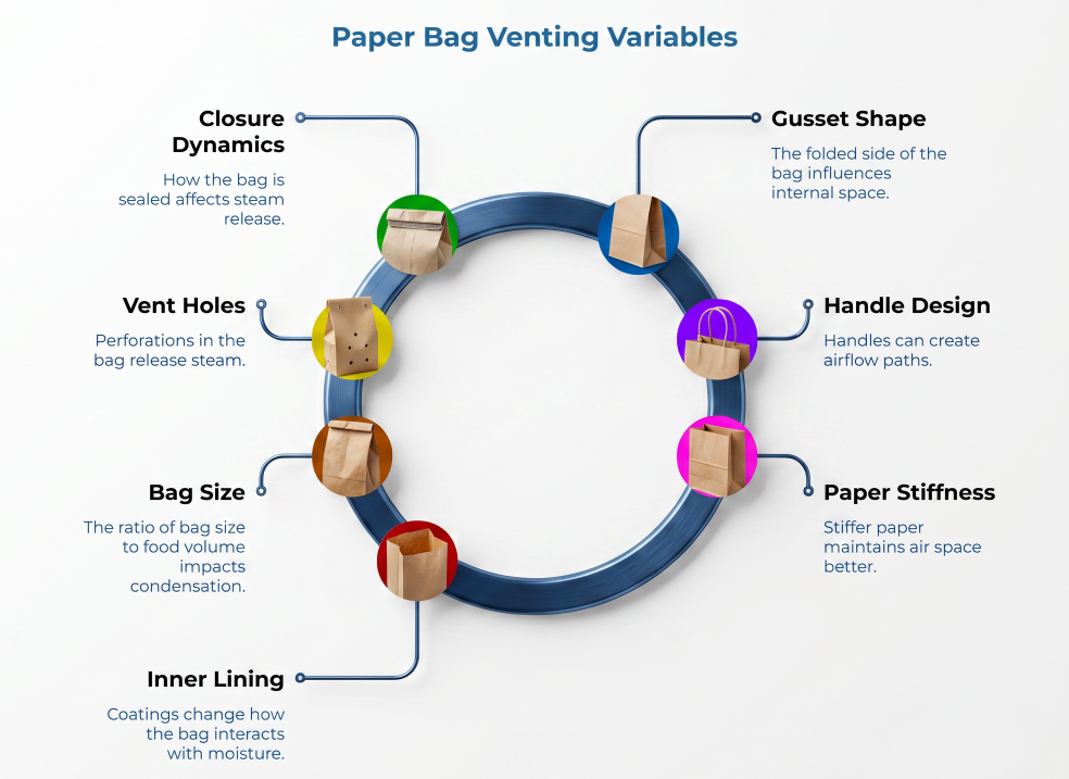 “Paper Bag Venting Variables” showing a circular layout of factors affecting steam and moisture release, including closure dynamics, vent holes, bag size, inner lining, gusset shape, handle design, and paper stiffness.