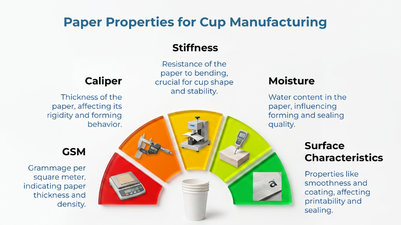 Infographic titled “Paper Properties for Cup Manufacturing,” showing five cupstock properties around a paper cup: GSM, caliper, stiffness, moisture, and surface characteristics, explaining how each affects paper thickness, rigidity, forming, sealing, printability, and cup stability.