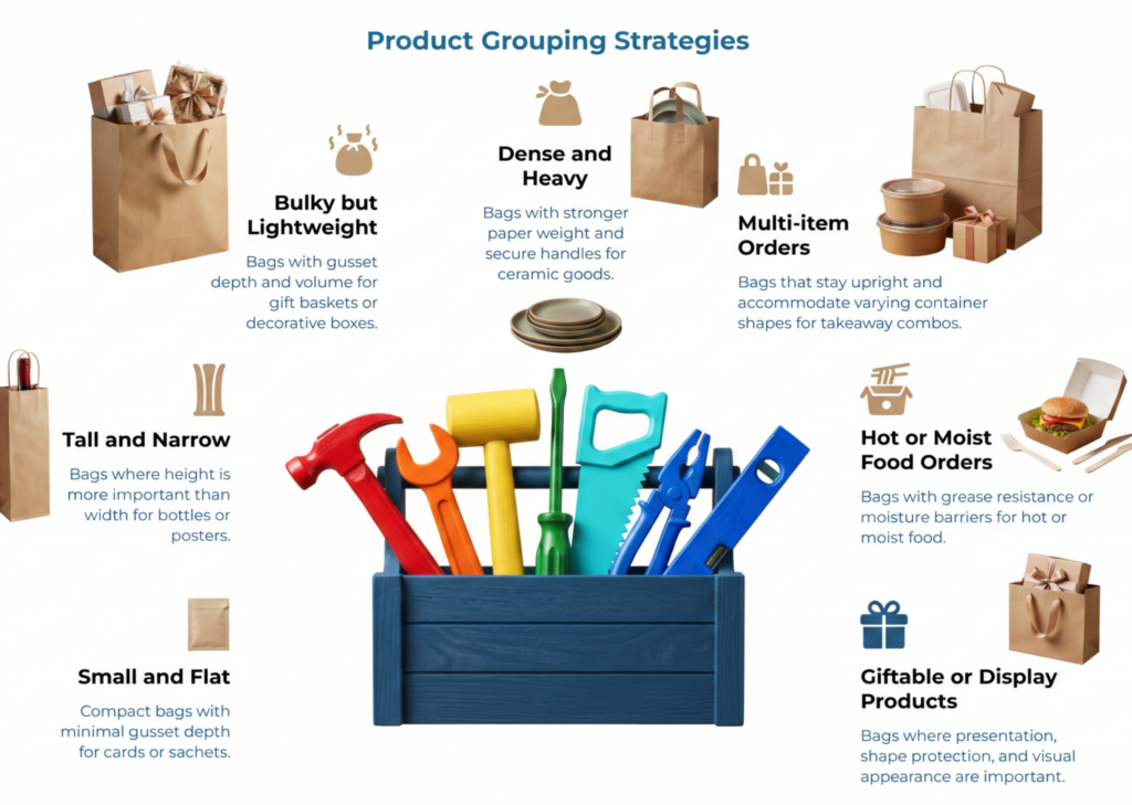 “Product Grouping Strategies” showing paper bag use cases: bulky but lightweight, dense and heavy, multi-item orders, hot or moist food, giftable/display products, tall and narrow items, and small flat goods.