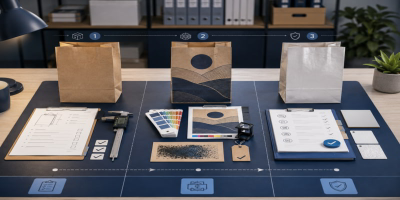 Three paper bag evaluation stations with specs, print proofing tools, and coating documentation on a procurement desk.
