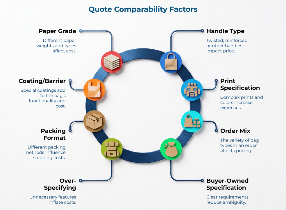 “Quote Comparability Factors” showing a circular guide to paper bag pricing inputs: paper grade, coating or barrier, packing format, over-specifying, buyer-owned specifications, order mix, print specifications, and handle type.