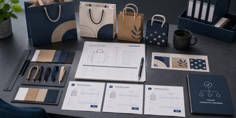 Organized desk with branded paper bag samples, specification brief, material swatches, and supplier quote sheets.