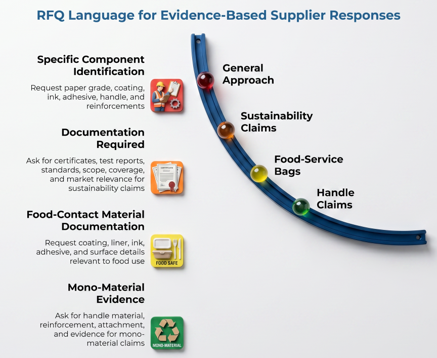 “RFQ Language for Evidence-Based Supplier Responses” showing prompts for component identification, sustainability claims, food-service bag documentation, and handle or mono-material evidence, with certificates, test reports, and market-relevant proof.