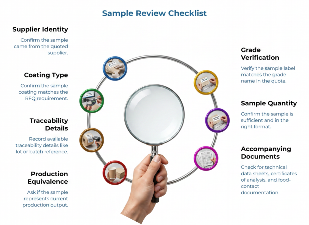 Infographic titled “Sample Review Checklist,” showing cupstock sample checks around a magnifying glass: supplier identity, coating type, traceability, production equivalence, grade verification, sample quantity, and accompanying technical or food-contact documents.