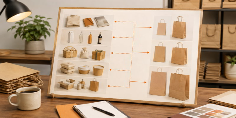 Desk display board maps seasonal product groups to paper bag sizes in a warm retail packaging workspace.