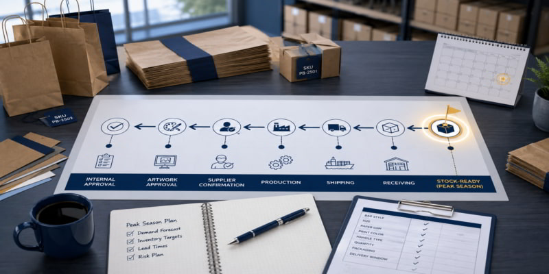 Procurement desk with backward planning timeline for seasonal paper bag stock readiness.