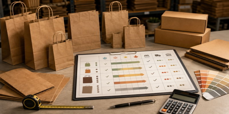 Seasonal paper bag planning desk with kraft bag samples, boxes, calculator, and a clipboard matrix for SKU evaluation.