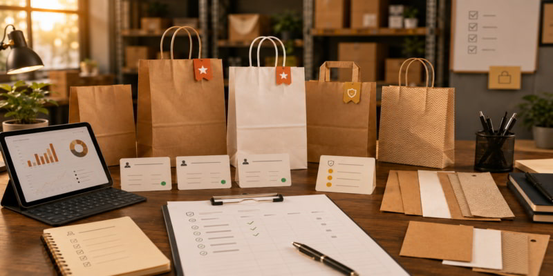 Paper bag planning desk with sample bags, supplier cards, stock triggers, and packaging swatches in a warm office.