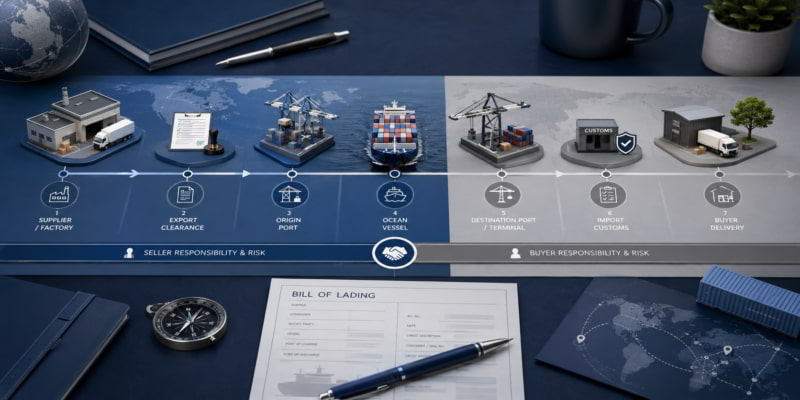 Seller-to-buyer shipping responsibility map showing factory, port, vessel, customs, and final delivery stages.