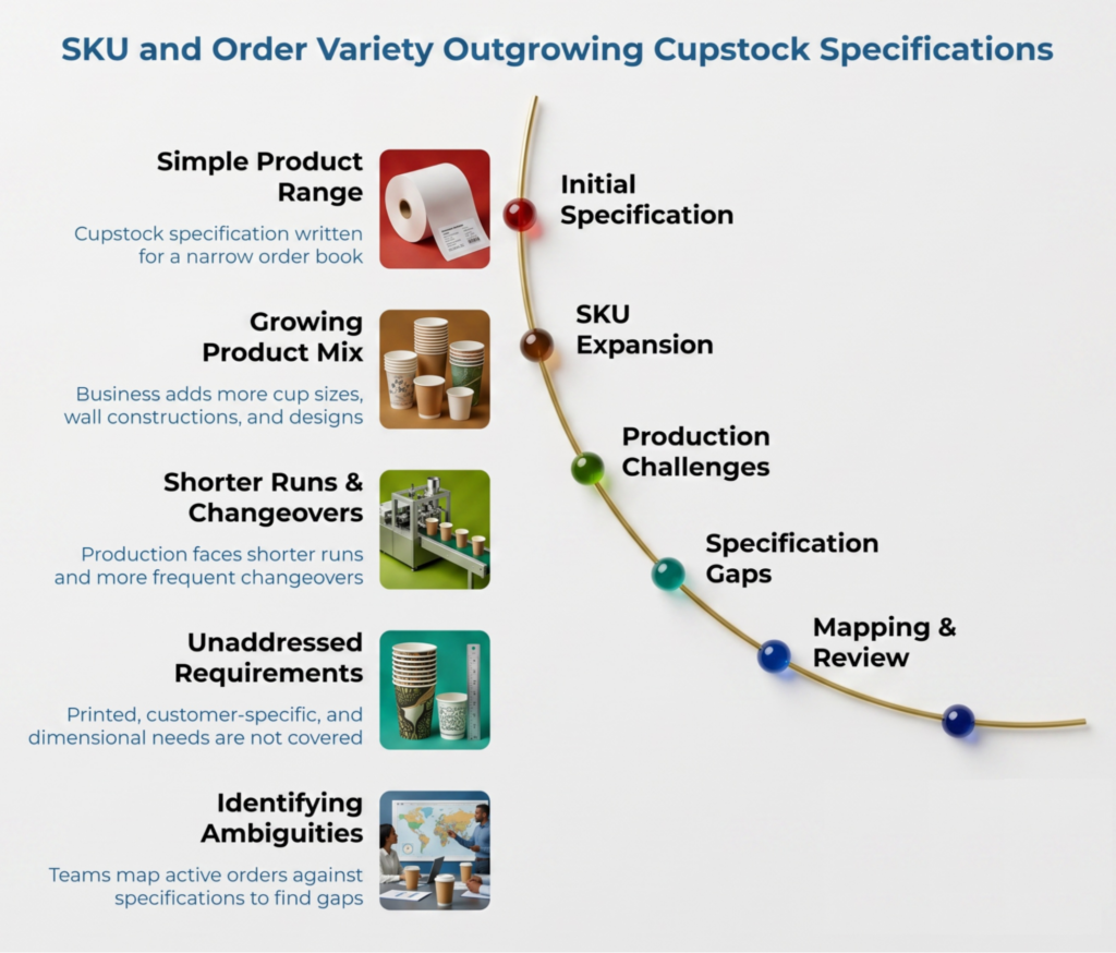 Infographic showing cupstock specifications falling behind SKU and order growth, from simple product range to growing mix, shorter runs, unaddressed requirements, and ambiguities, mapped from initial specification through SKU expansion, challenges, gaps, and review.