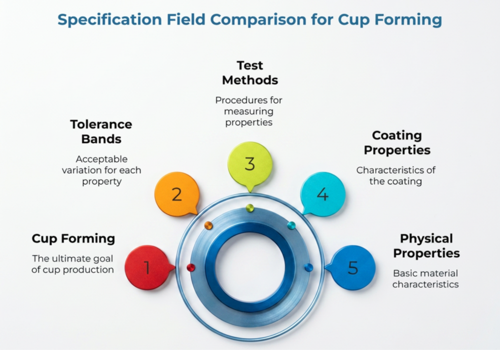 Infographic titled “Specification Field Comparison for Cup Forming,” showing five fields around a circular diagram: cup forming, tolerance bands, test methods, coating properties, and physical properties, explaining what to compare when evaluating cupstock for production.