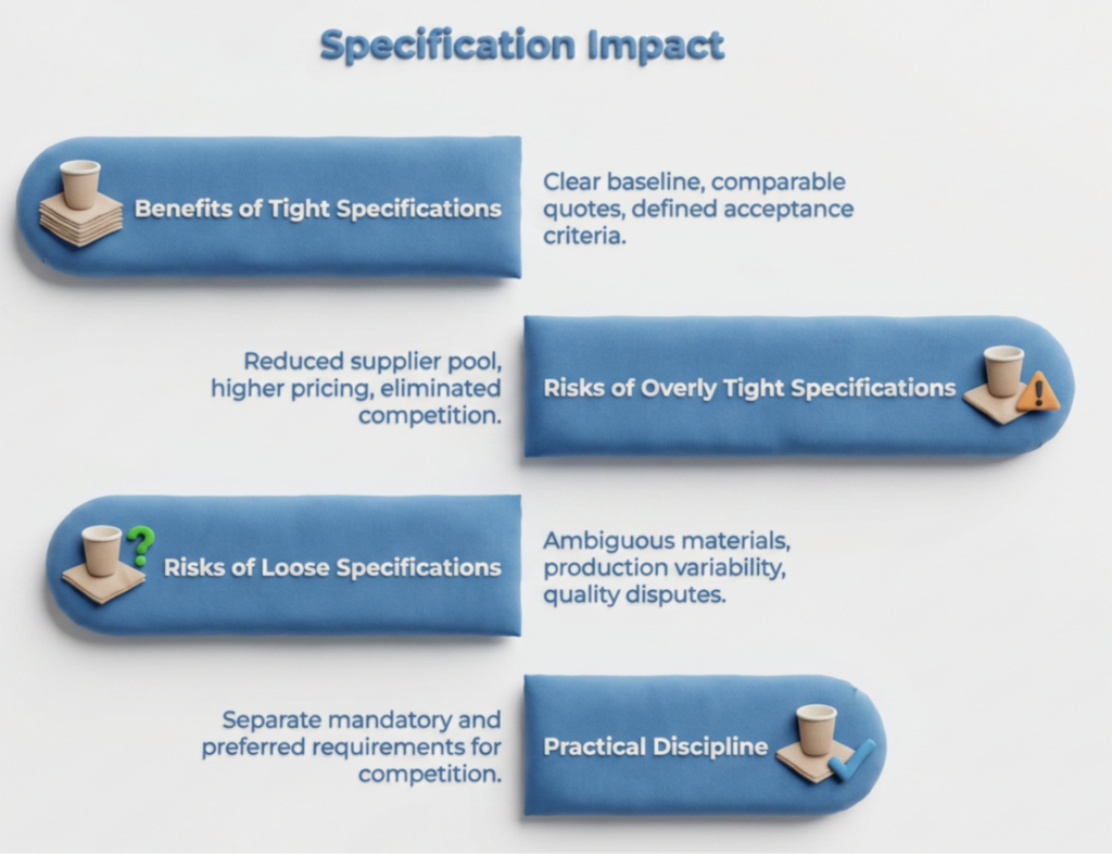 Infographic titled “Specification Impact,” showing how tight cupstock specifications create clear baselines, comparable quotes, and acceptance criteria, while overly tight or loose specs can reduce supplier options, raise pricing, create ambiguity, and cause quality disputes.