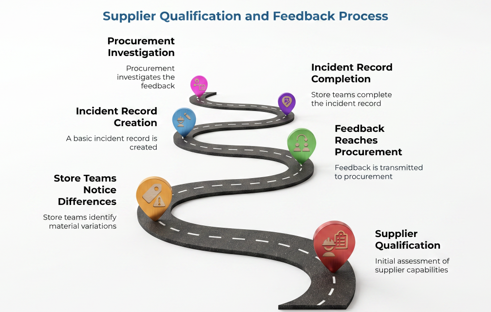 “Supplier Qualification and Feedback Process” showing a winding road from supplier qualification to store teams noticing material differences, creating and completing incident records, sending feedback to procurement, and investigating issues.
