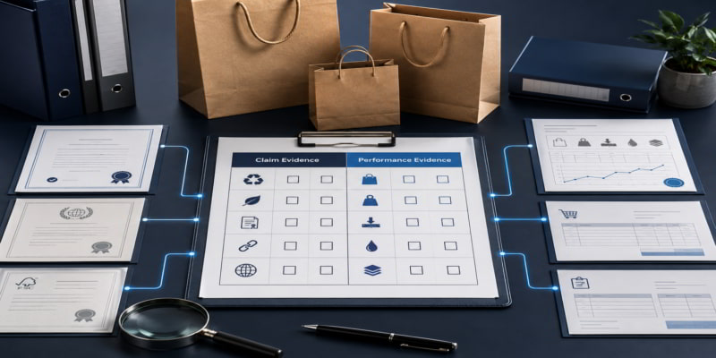 Procurement desk with paper bags, certificates, and a supplier matrix comparing claim and performance evidence.