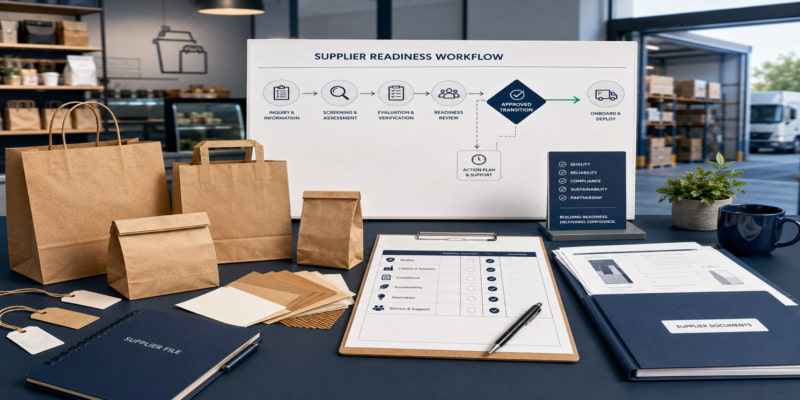 Procurement desk with paper bag samples, supplier scorecard, and readiness workflow board in an office.