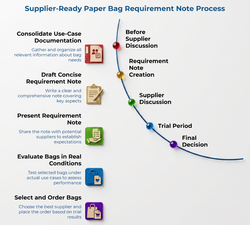“Supplier-Ready Paper Bag Requirement Note Process” showing a curved workflow from before supplier discussion to final decision, with steps to consolidate use-case documents, draft and present a requirement note, test bags in real conditions, and select/order bags.