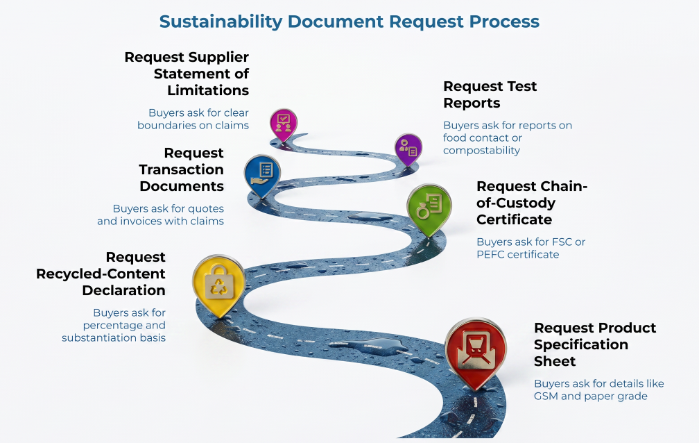 “Sustainability Document Request Process” showing a winding road with supplier document requests: product specification sheet, chain-of-custody certificate, test reports, statement of limitations, transaction documents, and recycled-content declaration.