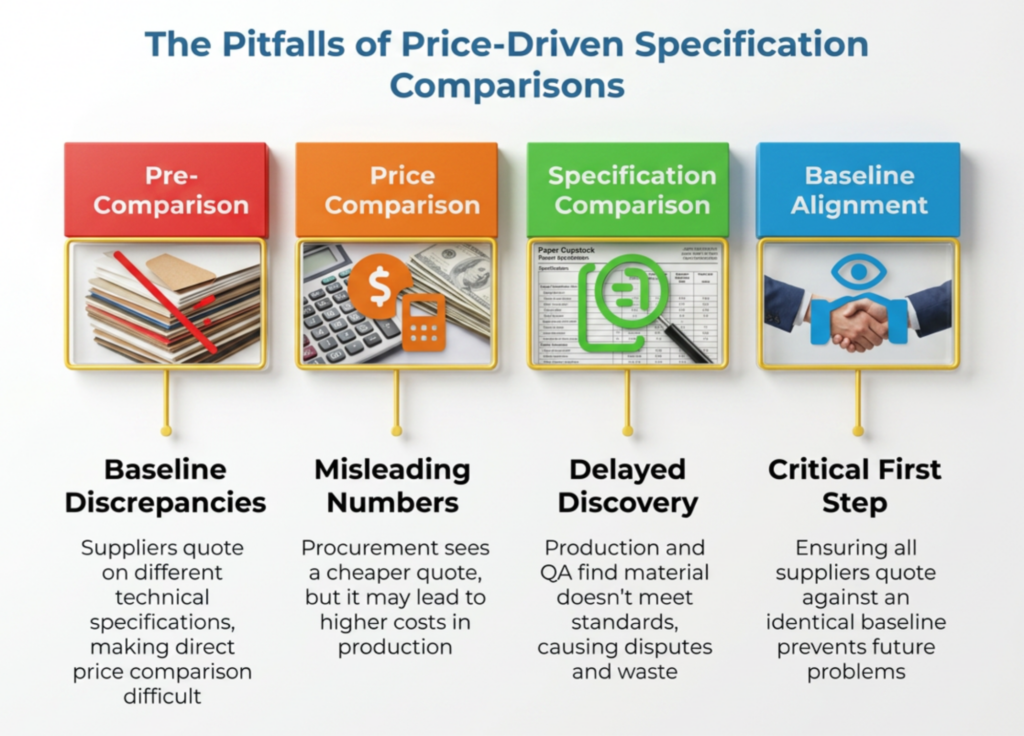 Infographic titled “The Pitfalls of Price-Driven Specification Comparisons,” showing how baseline discrepancies, misleading cheaper quotes, delayed material discovery, and lack of baseline alignment can cause production disputes, waste, and hidden costs.