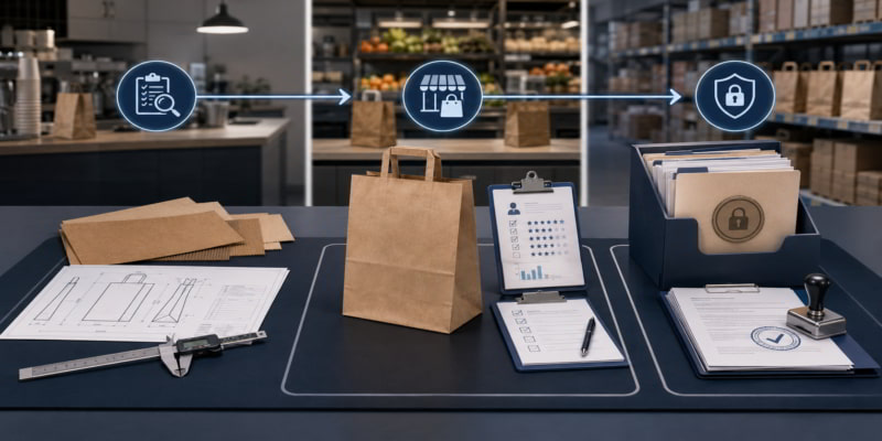 Three-gate paper bag rollout desk with spec review, store pilot feedback, and locked reorder documentation.