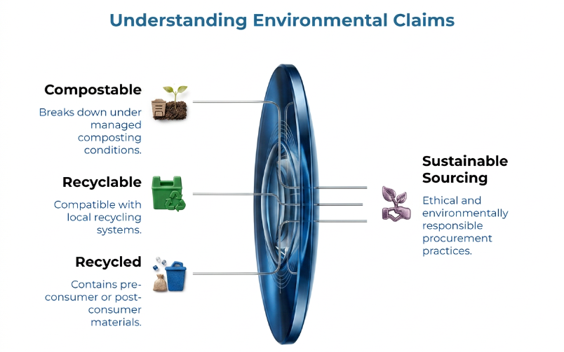 “Understanding Environmental Claims” explaining compostable, recyclable, recycled, and sustainable sourcing claims, with definitions for managed composting, local recycling compatibility, recycled material content, and responsible procurement.