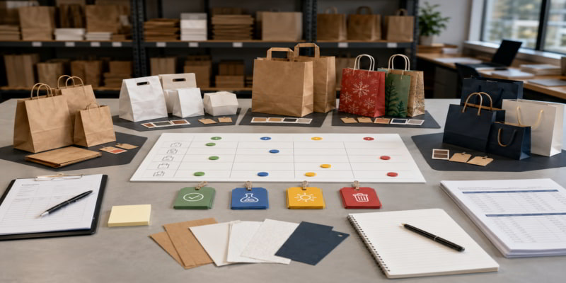 Desk with grouped paper bag samples, decision matrix, swatches, and planning notes in a packaging stockroom.