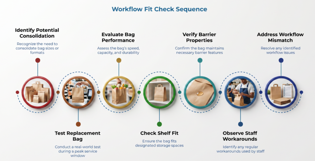 “Workflow Fit Check Sequence” showing steps to consolidate paper bag formats: identify consolidation need, test replacement bags, evaluate performance, check shelf fit, verify barrier properties, observe staff workarounds, and address workflow mismatch.
