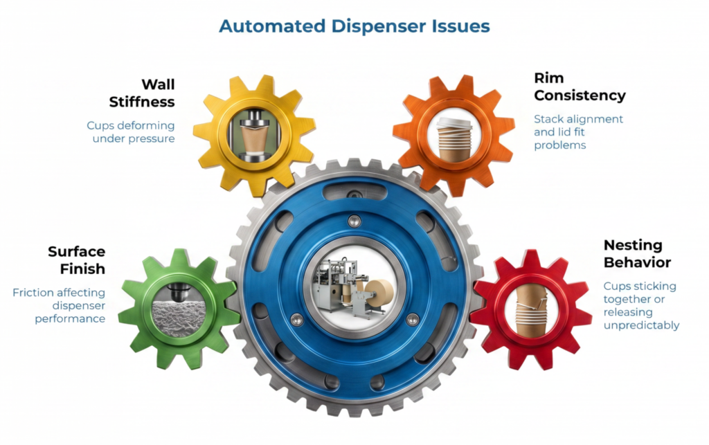 Infographic titled “Automated Dispenser Issues” showing cupstock production gears around a central dispenser machine, highlighting wall stiffness, rim consistency, surface finish, and nesting behavior as causes of deformation, lid-fit problems, friction, and unpredictable cup release.