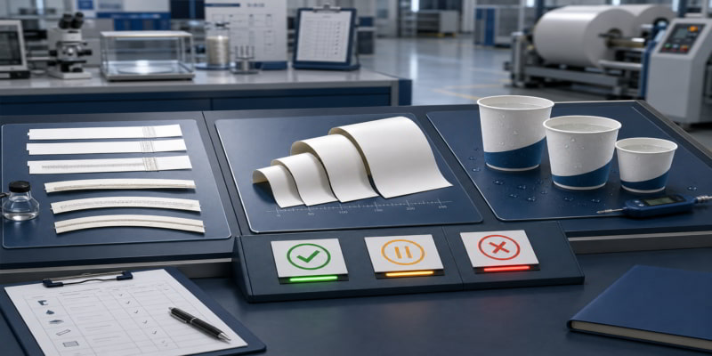 QA desk with cupstock seal strips, curl samples, leak-test cups, and pass-hold-reject controls in a lab.