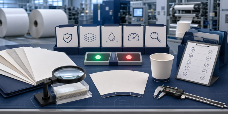 Cupstock quality control desk with paperboard samples, cup blank, caliper, and approval checklist in a factory lab.
