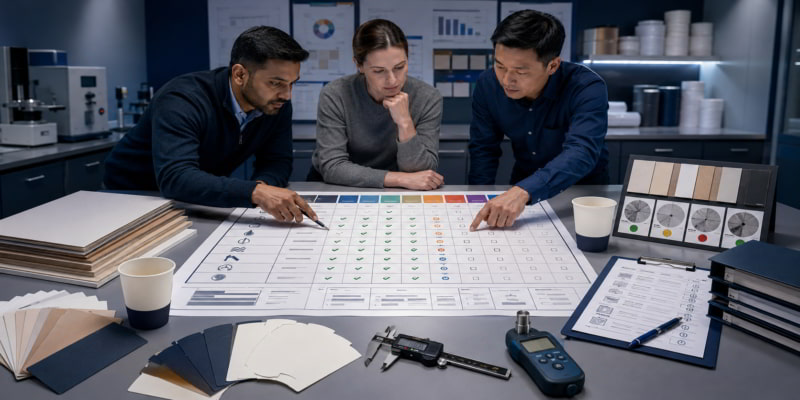 Three professionals review a cupstock quality matrix with paperboard samples and testing tools in a lab setting.