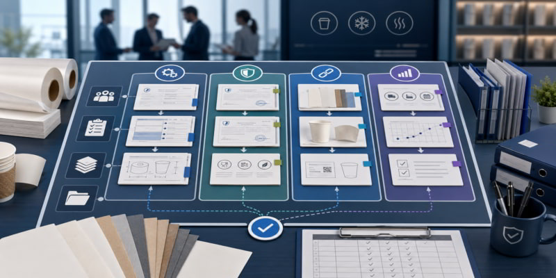 Procurement desk with cupstock samples, supplier documents, and a visual qualification workflow board.
