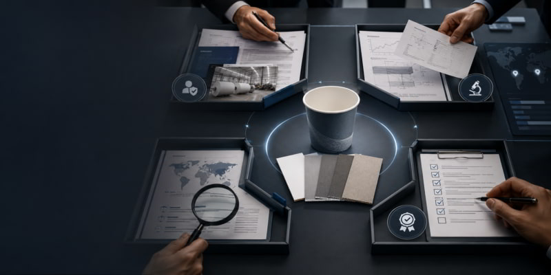 Cupstock sample on an evidence review desk with documents, checklists, market maps, and QA approval icons.