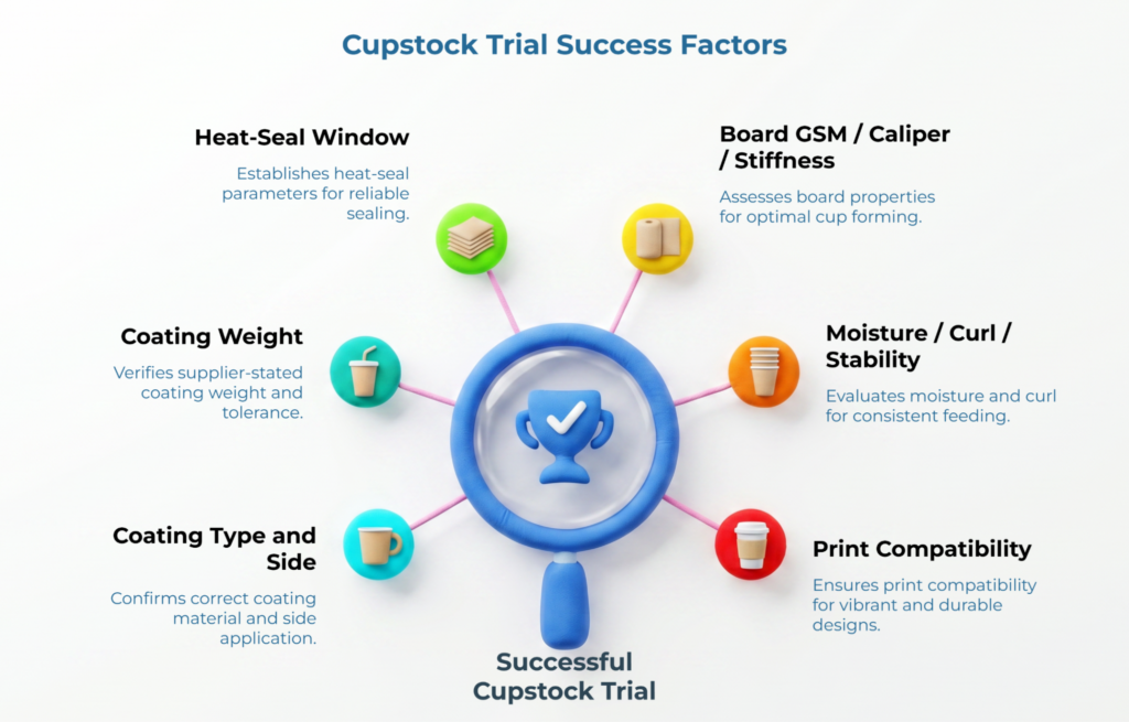 Infographic titled “Cupstock Trial Success Factors” showing a successful trial linked to six checks: heat-seal window, board GSM/caliper/stiffness, moisture/curl/stability, print compatibility, coating type and side, and coating weight.