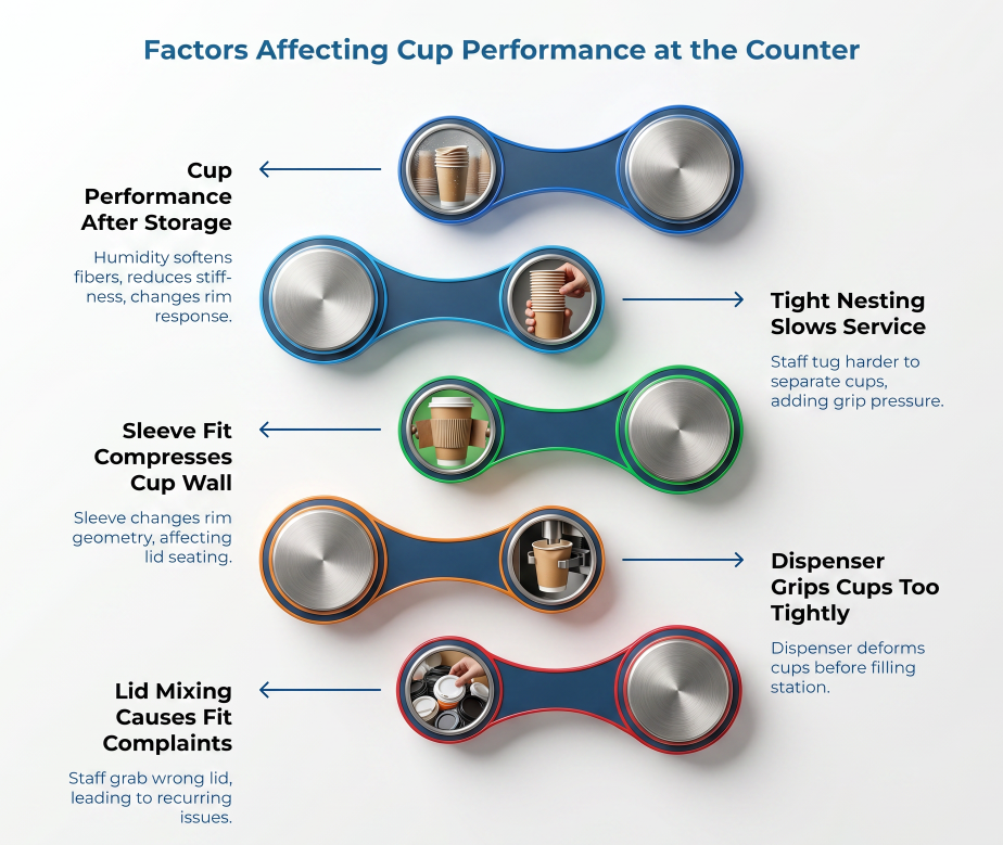 “Factors Affecting Cup Performance at the Counter” showing how humidity-softened cups, tight nesting, sleeve compression, overly tight dispensers, and mixed lids can deform cups, slow service, change rim geometry, and cause recurring lid-fit complaints.