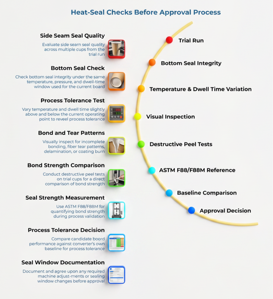 Infographic titled “Heat-Seal Checks Before Approval Process” showing a curved workflow for cupstock trials: trial run, bottom seal integrity, temperature and dwell-time variation, visual inspection, peel tests, ASTM F88/F88M reference, baseline comparison, and approval decision.
