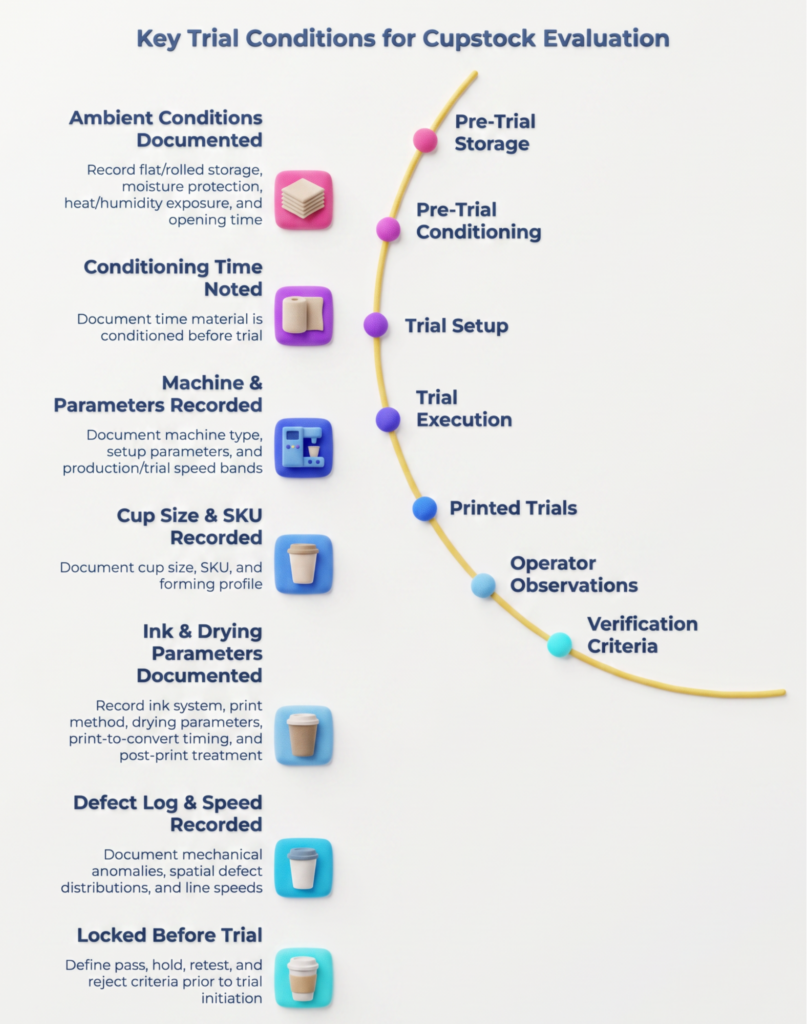 Infographic titled “Key Trial Conditions for Cupstock Evaluation” showing a curved workflow from pre-trial storage to verification criteria, with notes on ambient conditions, conditioning time, machine parameters, cup size, ink and drying settings, defect logs, and locked criteria.