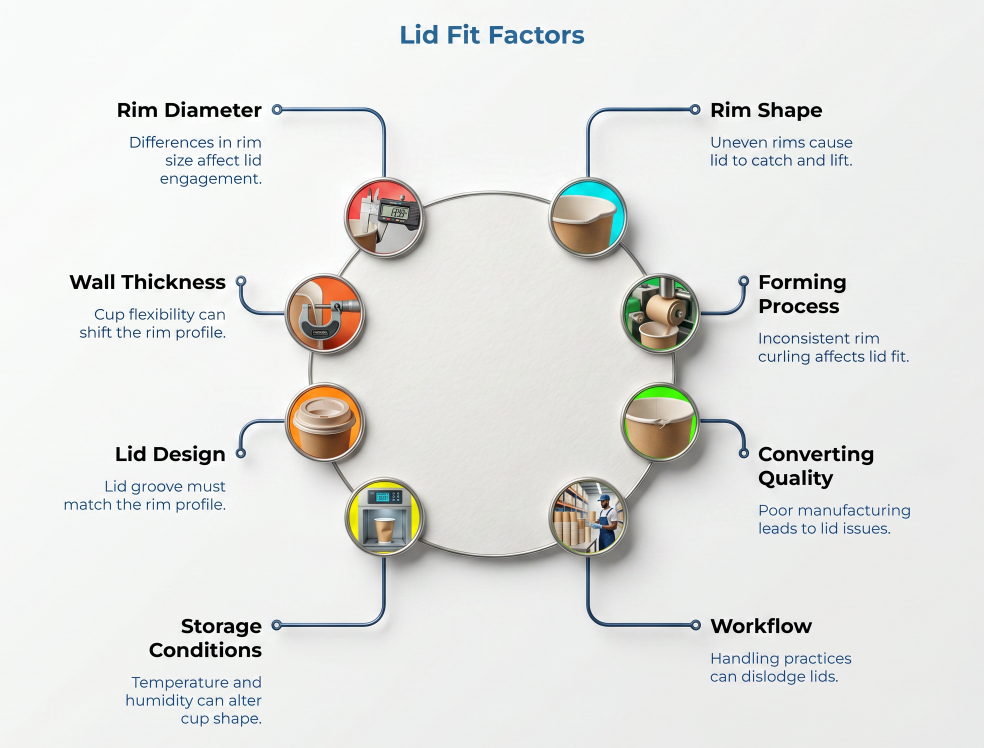 “Lid Fit Factors” showing eight influences on paper cup lid performance: rim diameter and shape, wall thickness, lid design, forming consistency, converting quality, storage temperature and humidity, and handling workflows that may loosen or dislodge lids.