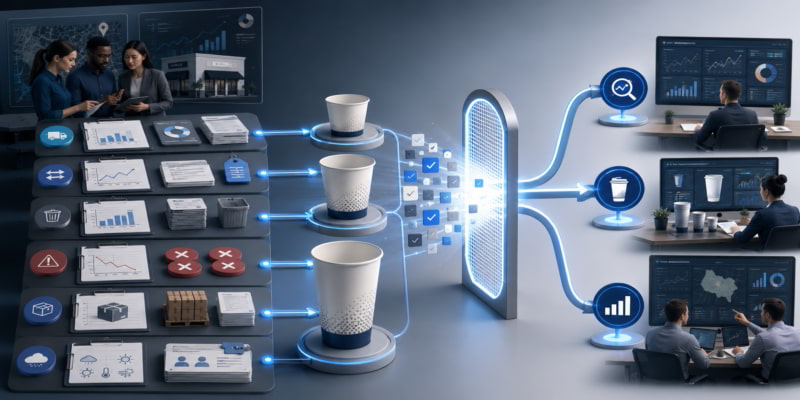 Paper cup demand records pass through an evidence gate into monitoring, SKU adjustment, and broader reforecast decisions.