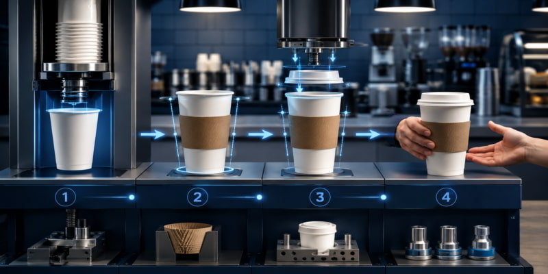 Four-stage paper cup test station checks dispenser release, sleeve fit, lid seating, and café handoff.