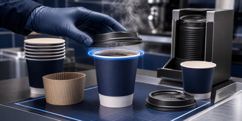 Gloved hand tests a black lid on a steaming blue paper cup beside sleeves, stacked cups, and a lid dispenser.