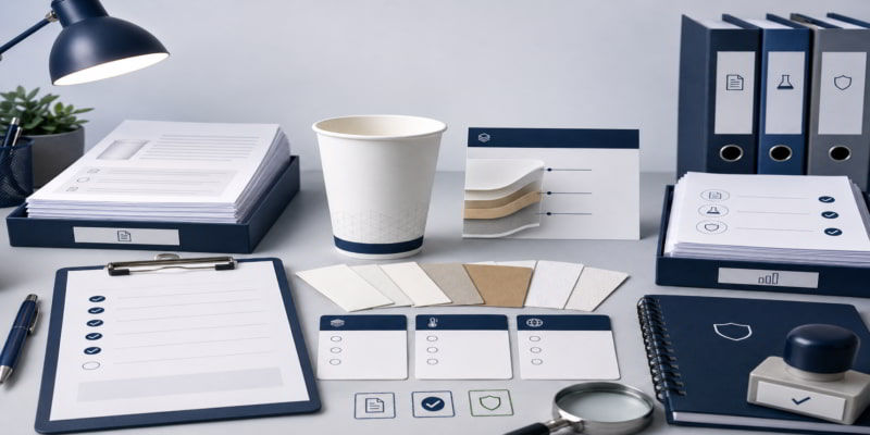 Paper cup material review desk with sample cup, swatches, checklist clipboard, binders, and compliance tools.