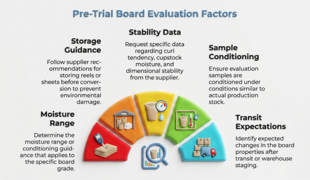 Infographic titled “Pre-Trial Board Evaluation Factors” showing five checks before cupstock trials: storage guidance, supplier stability data on curl, moisture and dimensions, production-like sample conditioning, grade-specific moisture range, and expected transit or warehouse changes.